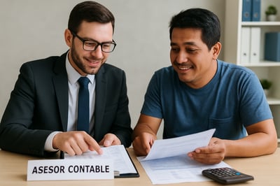 Asesor contable revisando documentos con empresario MYPE