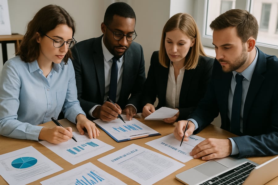 Equipo contable revisando documentos financieros